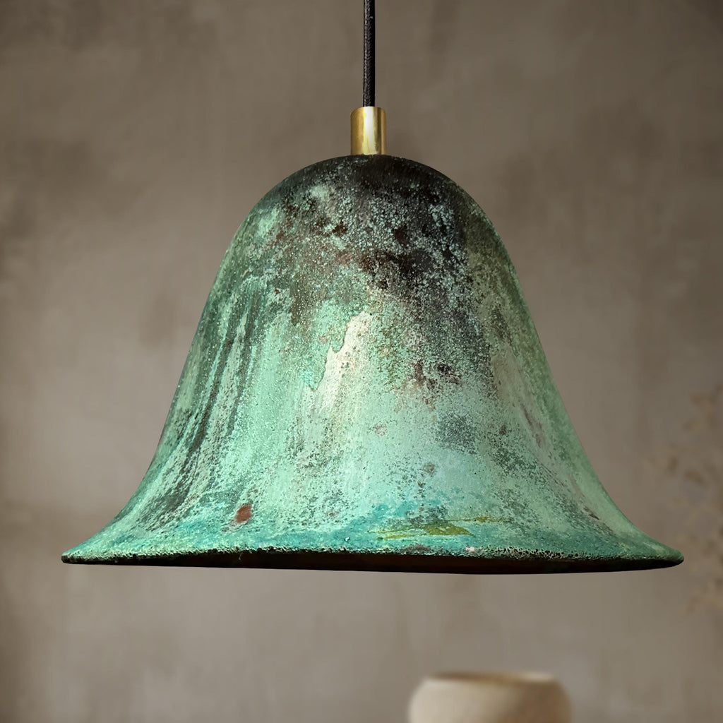 Handmade Oxidized Copper Pendant Light, Green Patina Dome Lamp