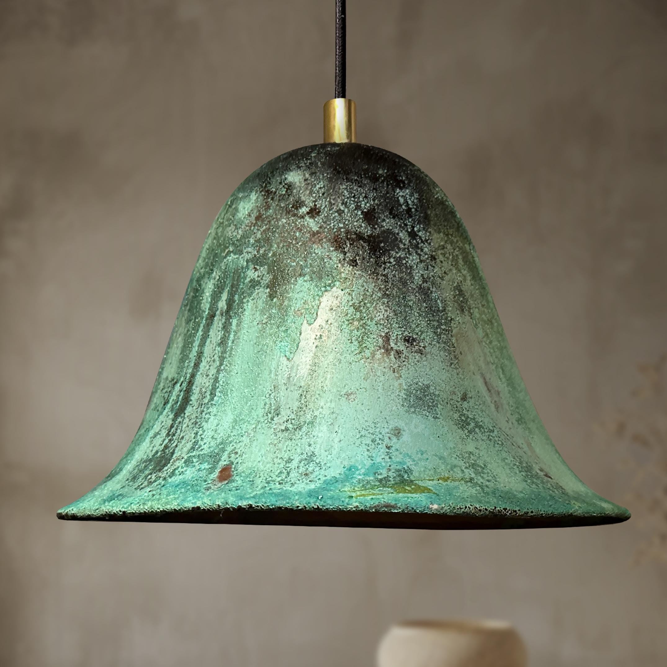 Handmade Oxidized Copper Pendant Light, Green Patina Dome Lamp