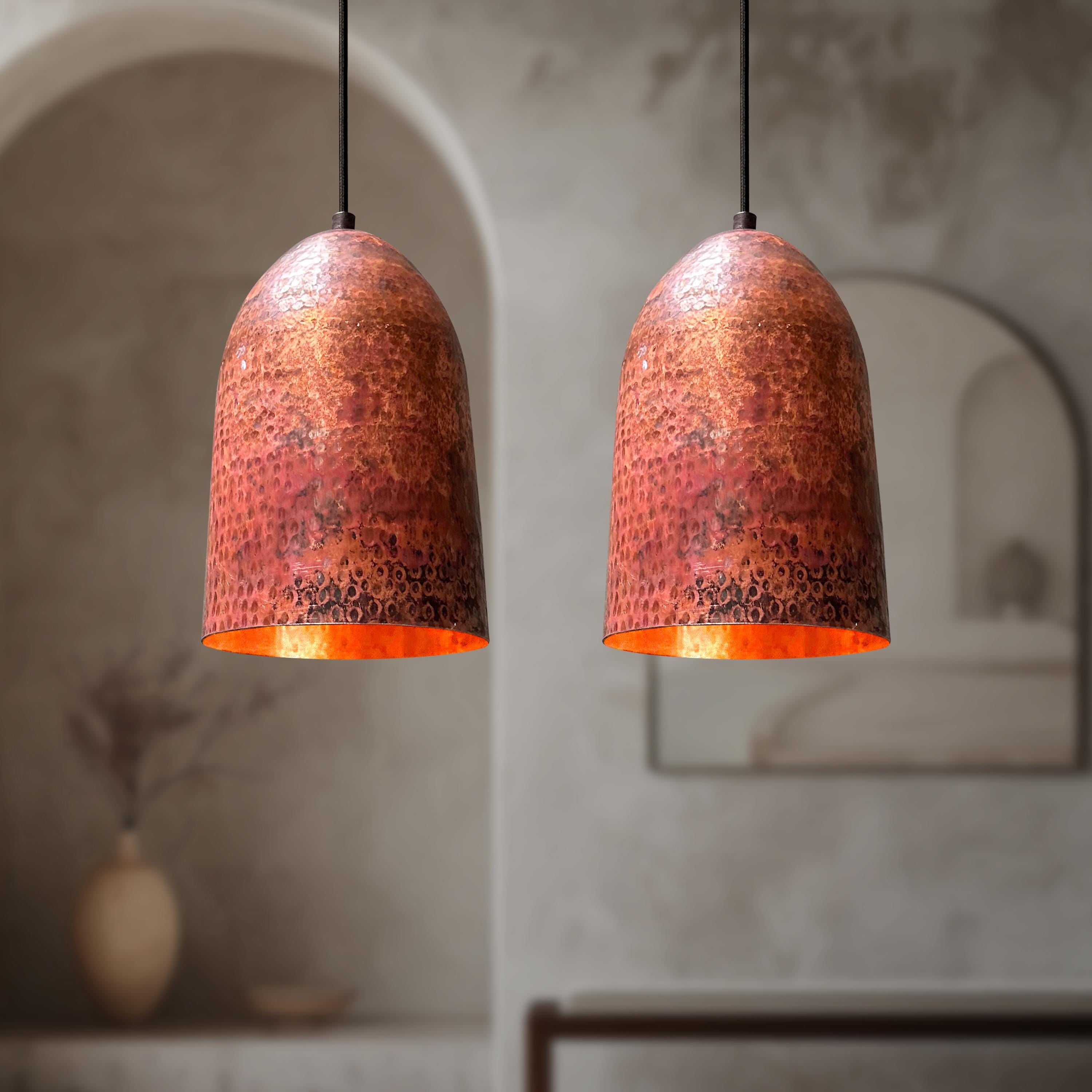 Pair of Hammered Copper Pendant Lights – Vintage Farmhouse Kitchen Ceiling Fixtures for Island Decor