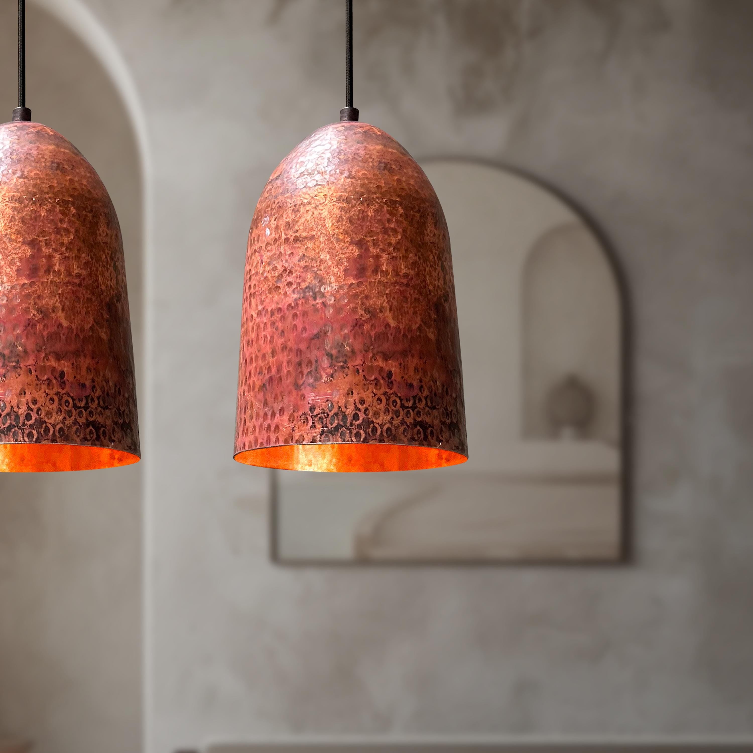 Pair of Hammered Copper Pendant Lights – Vintage Farmhouse Kitchen Ceiling Fixtures for Island Decor