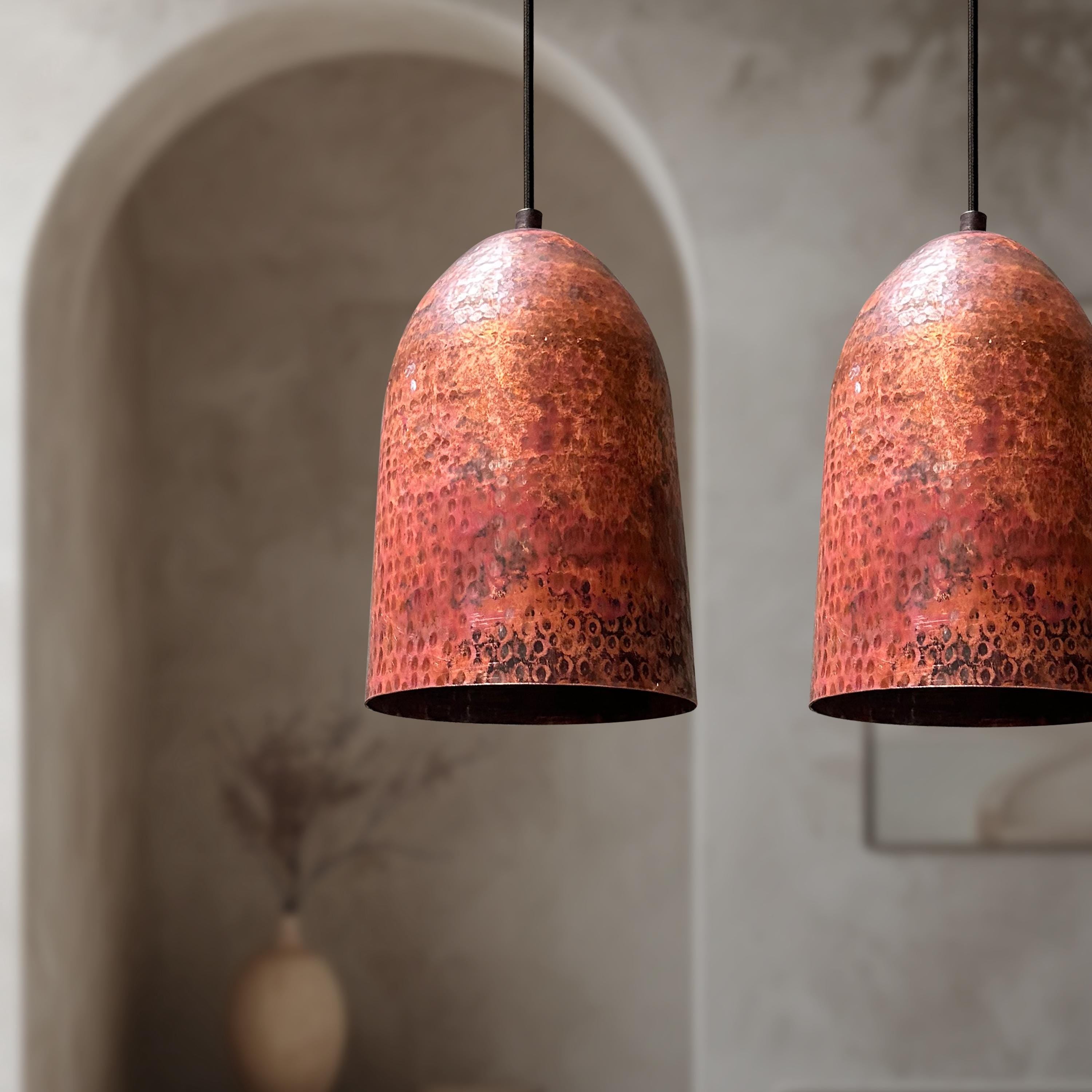Pair of Hammered Copper Pendant Lights – Vintage Farmhouse Kitchen Ceiling Fixtures for Island Decor
