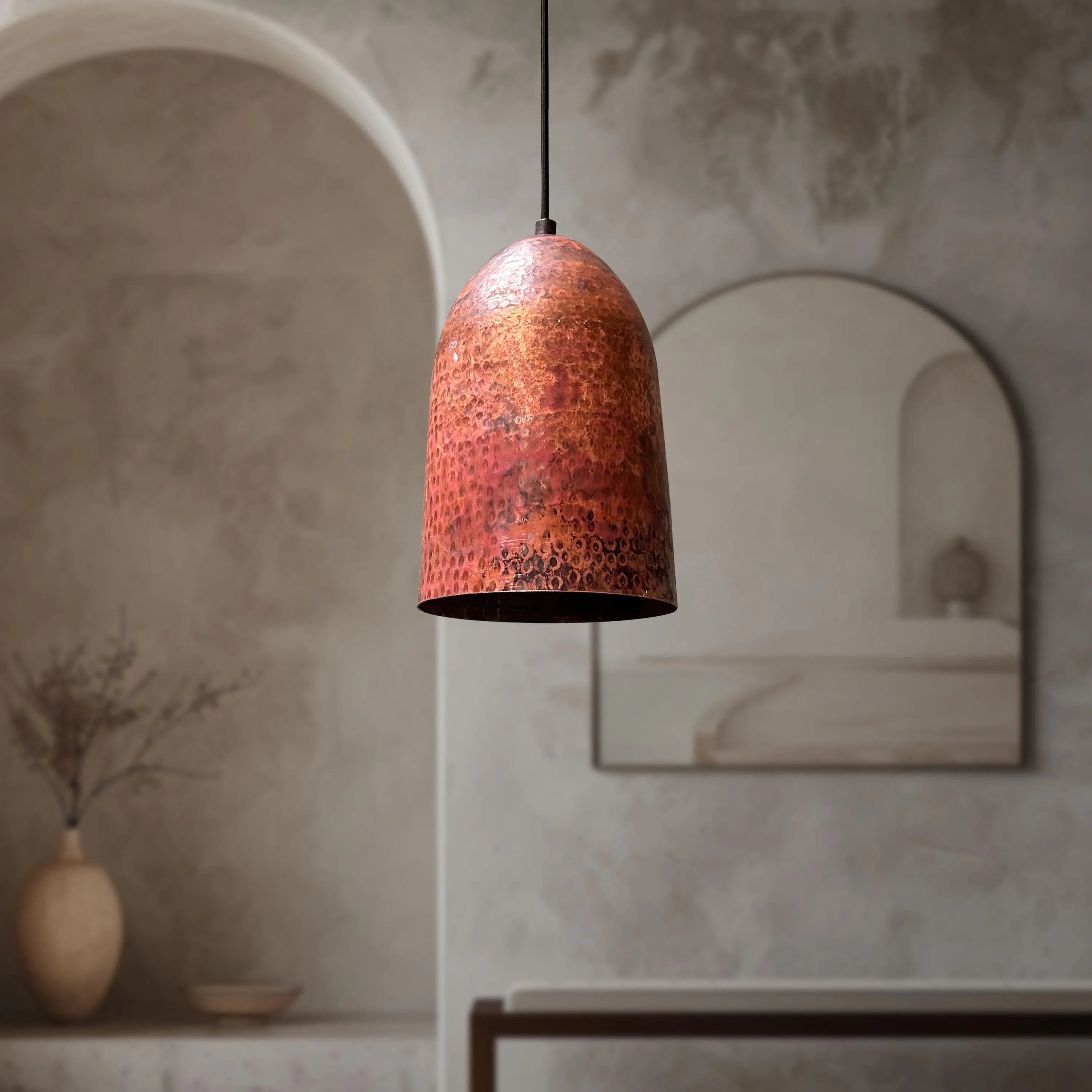 Set of 3 Handmade Hammered Copper Pendant Lights for Kitchen Island