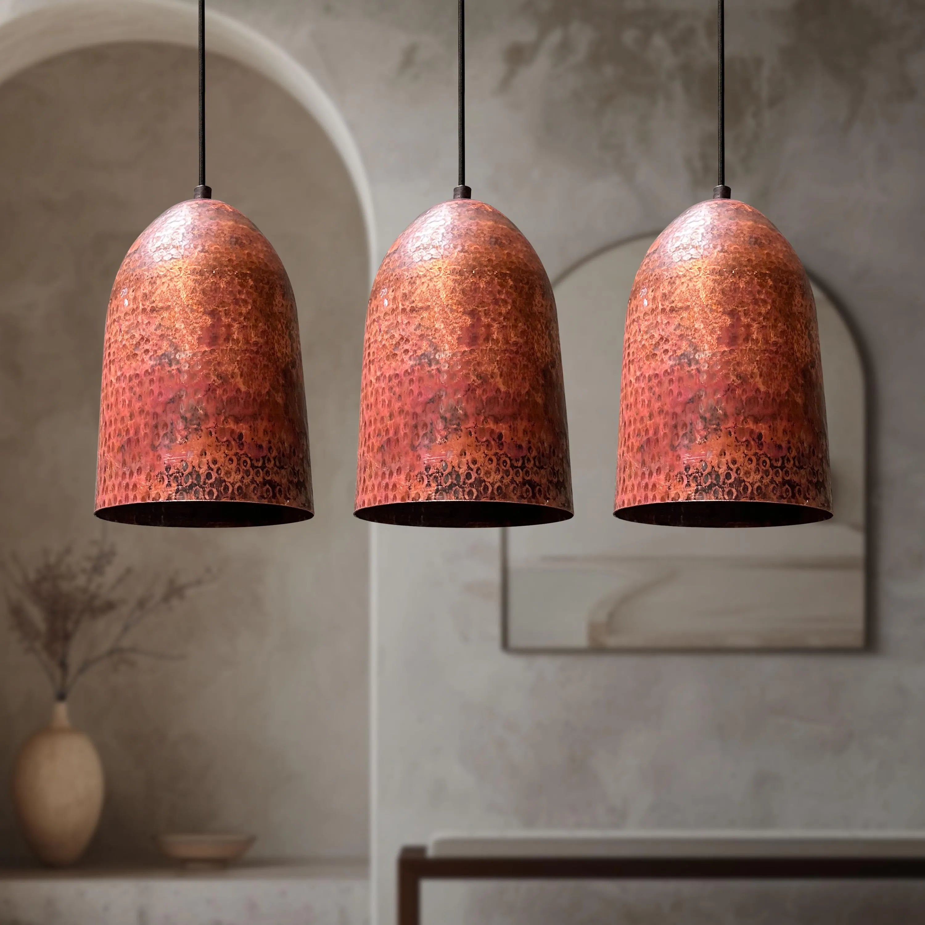 Set of 3 Handmade Hammered Copper Pendant Lights for Kitchen Island
