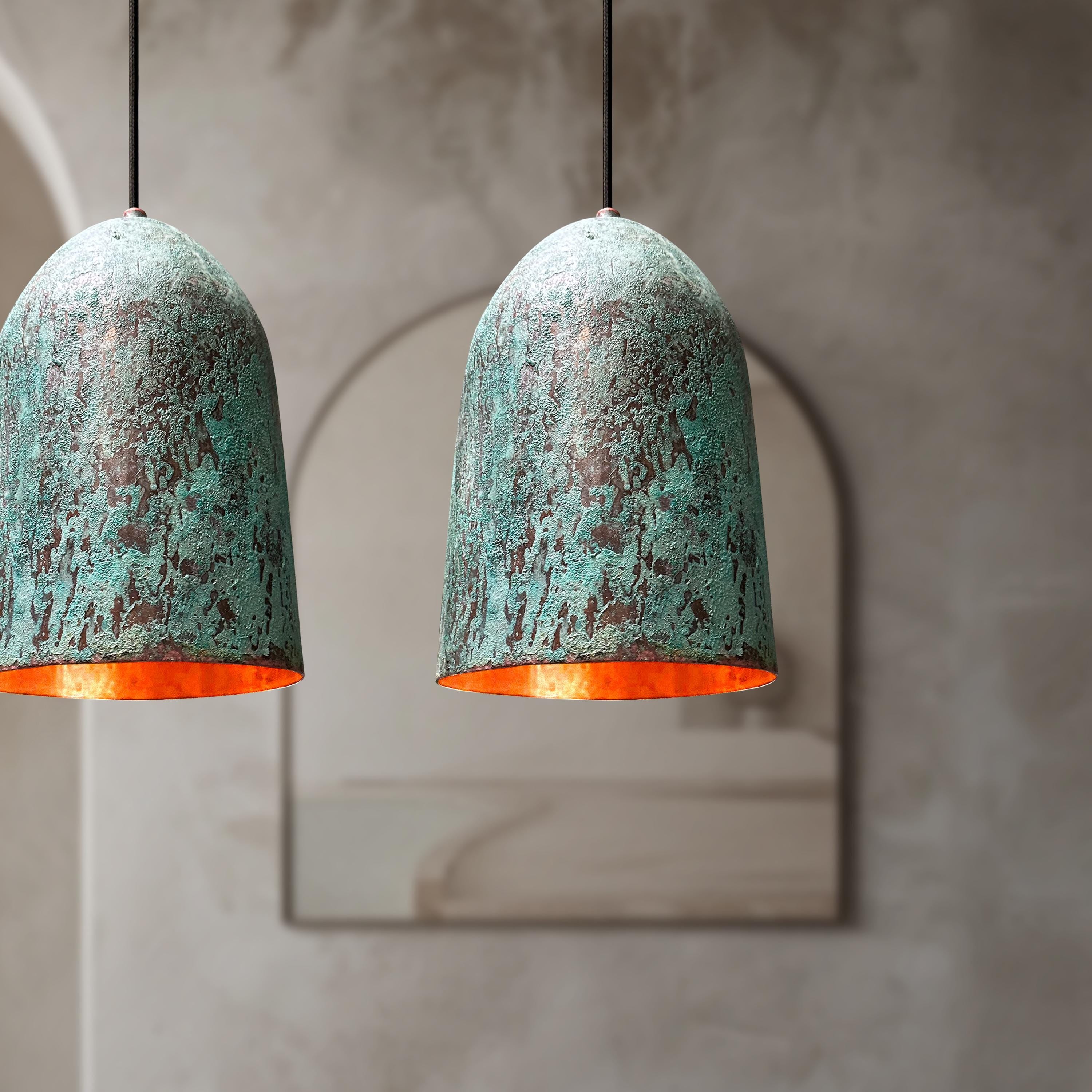 Set of Two Rustic Green Copper Dome Lights – Vintage Farmhouse Kitchen Island Pendant Fixtures