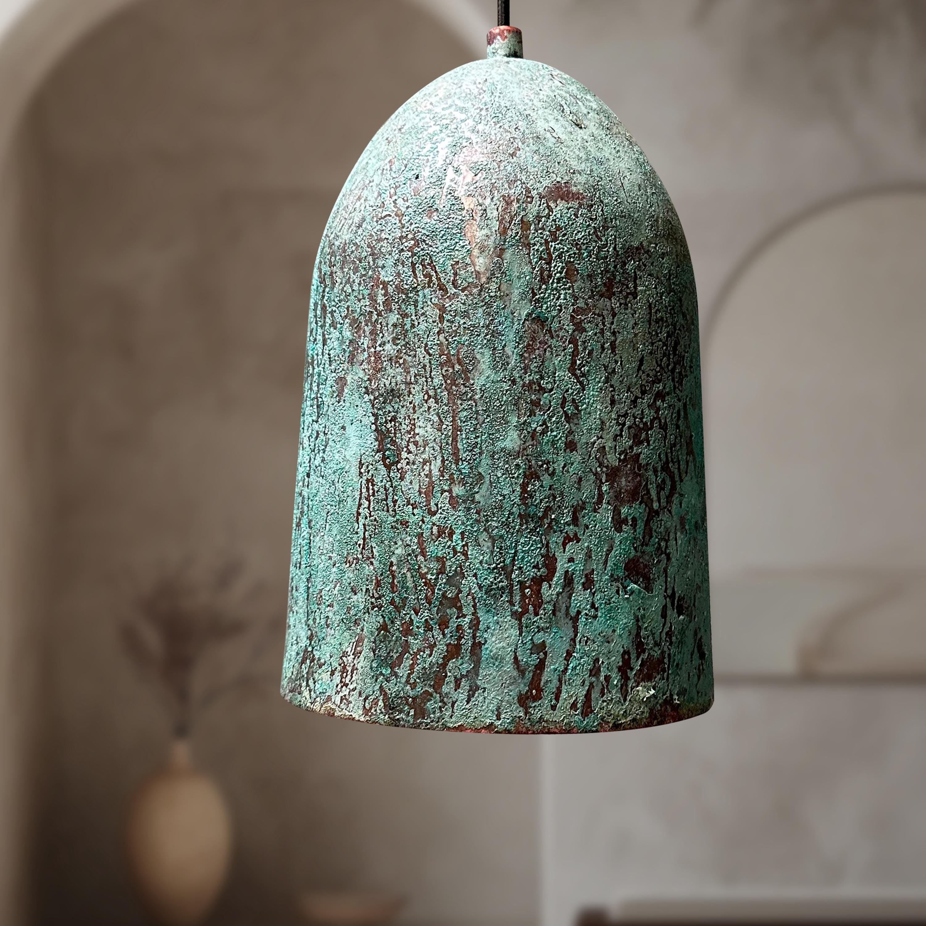 Set of Two Rustic Green Copper Dome Lights – Vintage Farmhouse Kitchen Island Pendant Fixtures
