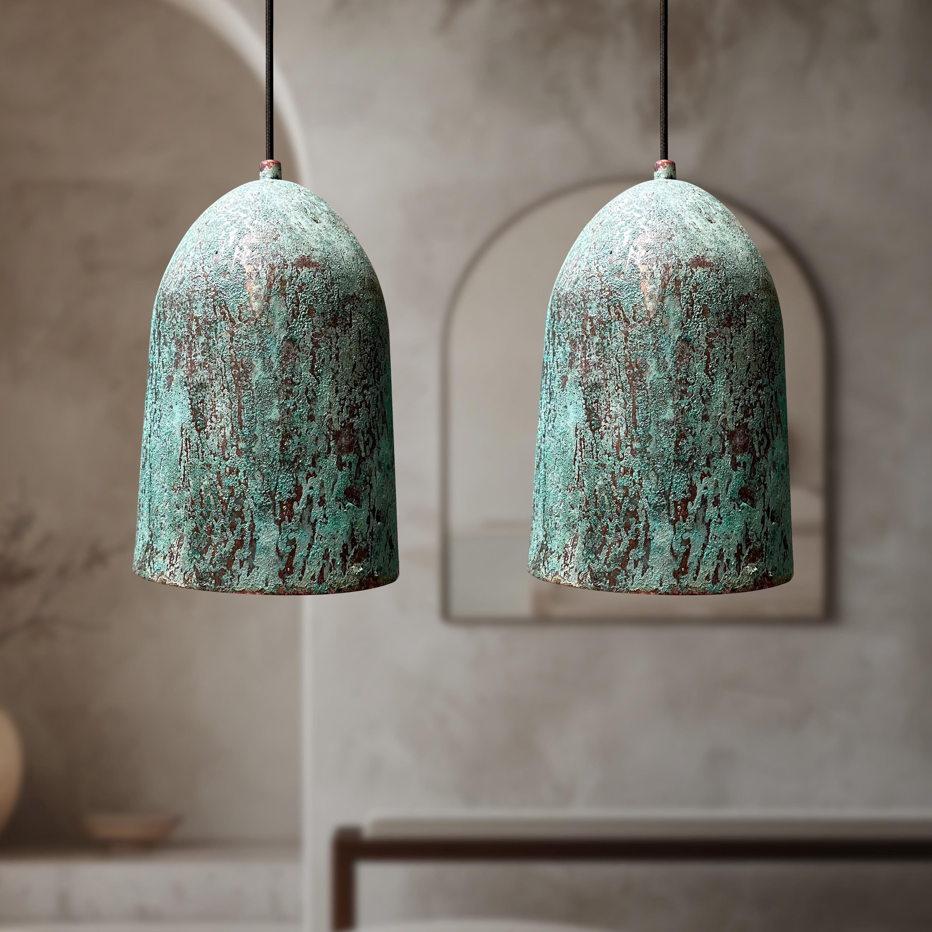 Set of Two Rustic Green Copper Dome Lights – Vintage Farmhouse Kitchen Island Pendant Fixtures