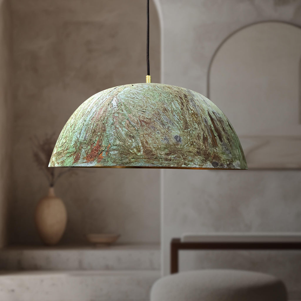 Handmade Oxidized Copper Pendant Light – Green Patina Dome Fixture for Rustic Farmhouse Island
