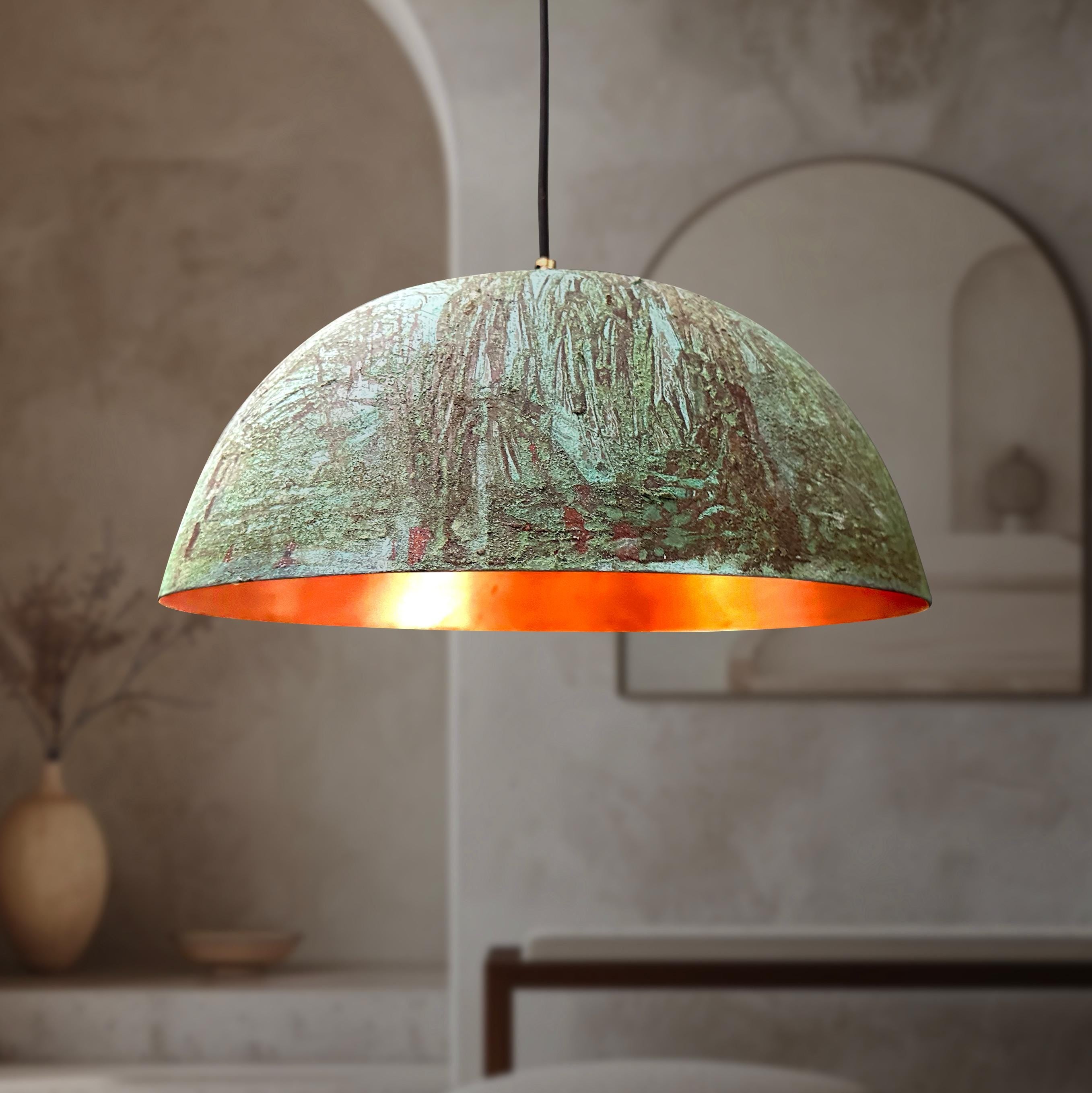 Handmade Oxidized Copper Pendant Light – Green Patina Dome Fixture for Rustic Farmhouse Island