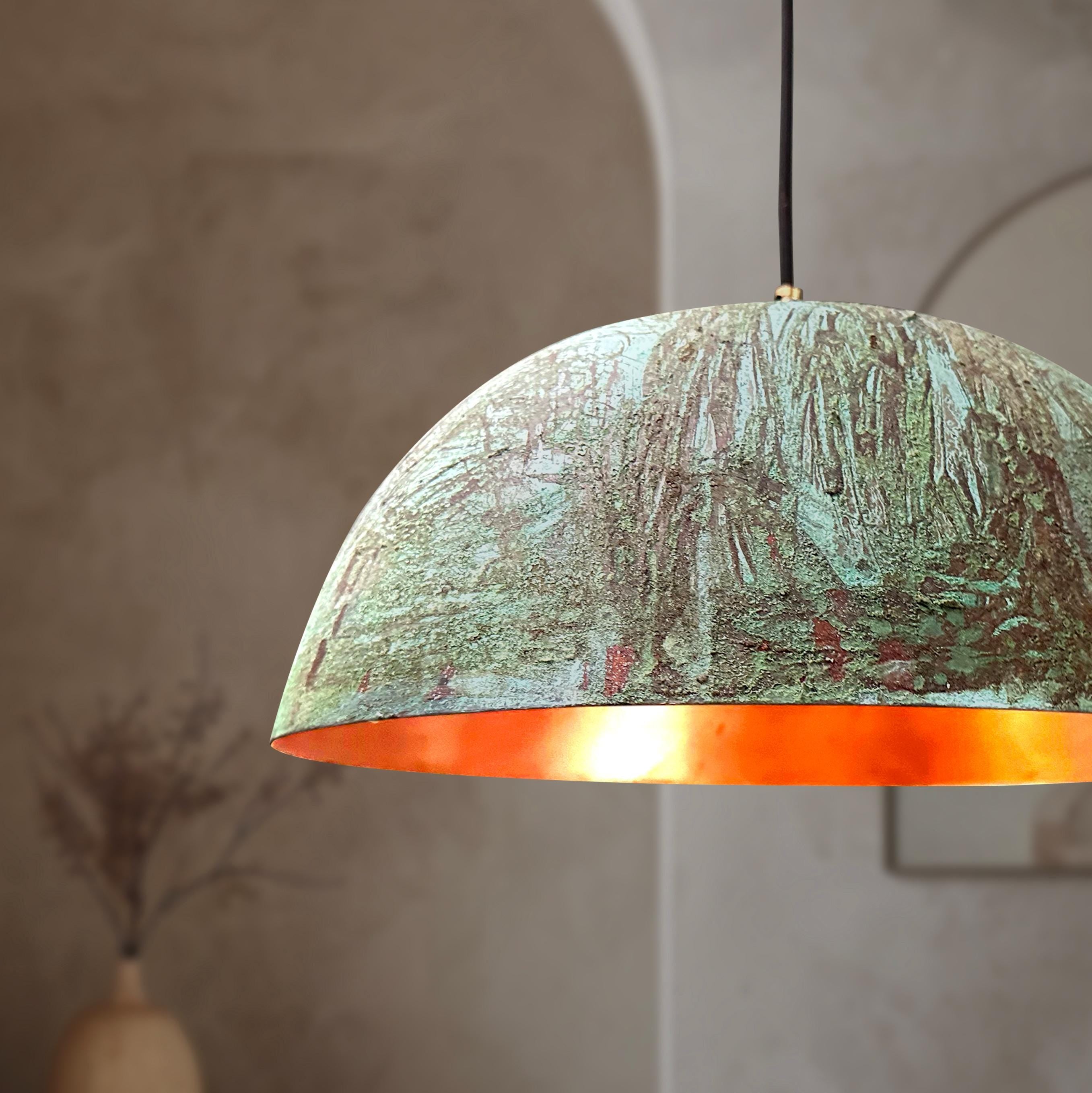 Handmade Oxidized Copper Pendant Light – Green Patina Dome Fixture for Rustic Farmhouse Island