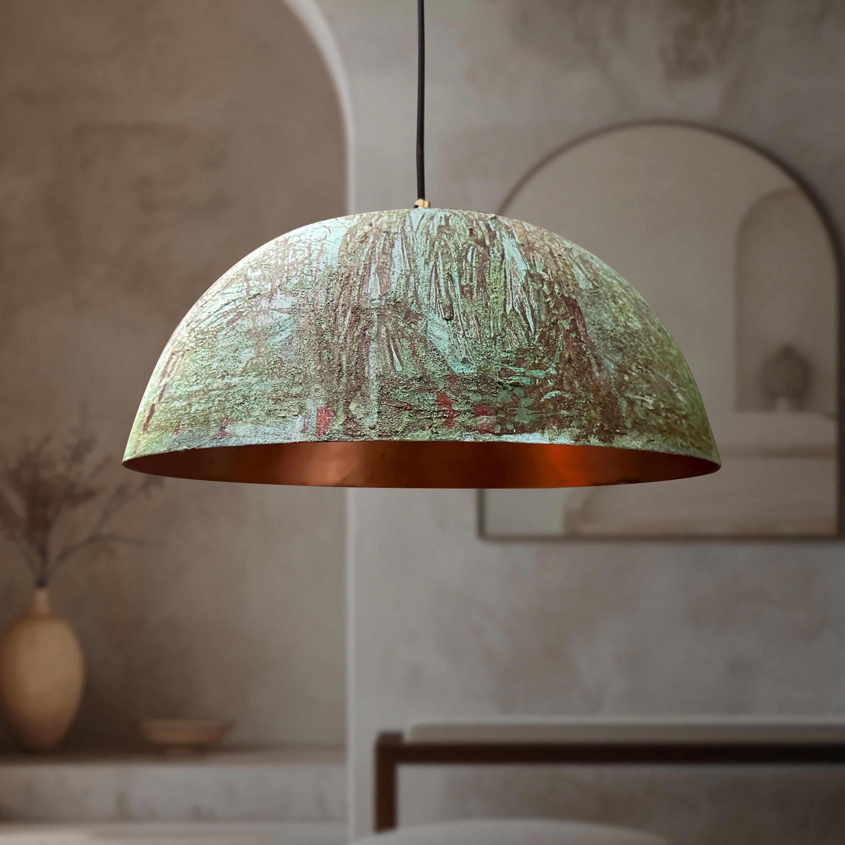 Handmade Oxidized Copper Pendant Light – Green Patina Dome Fixture for Rustic Farmhouse Island