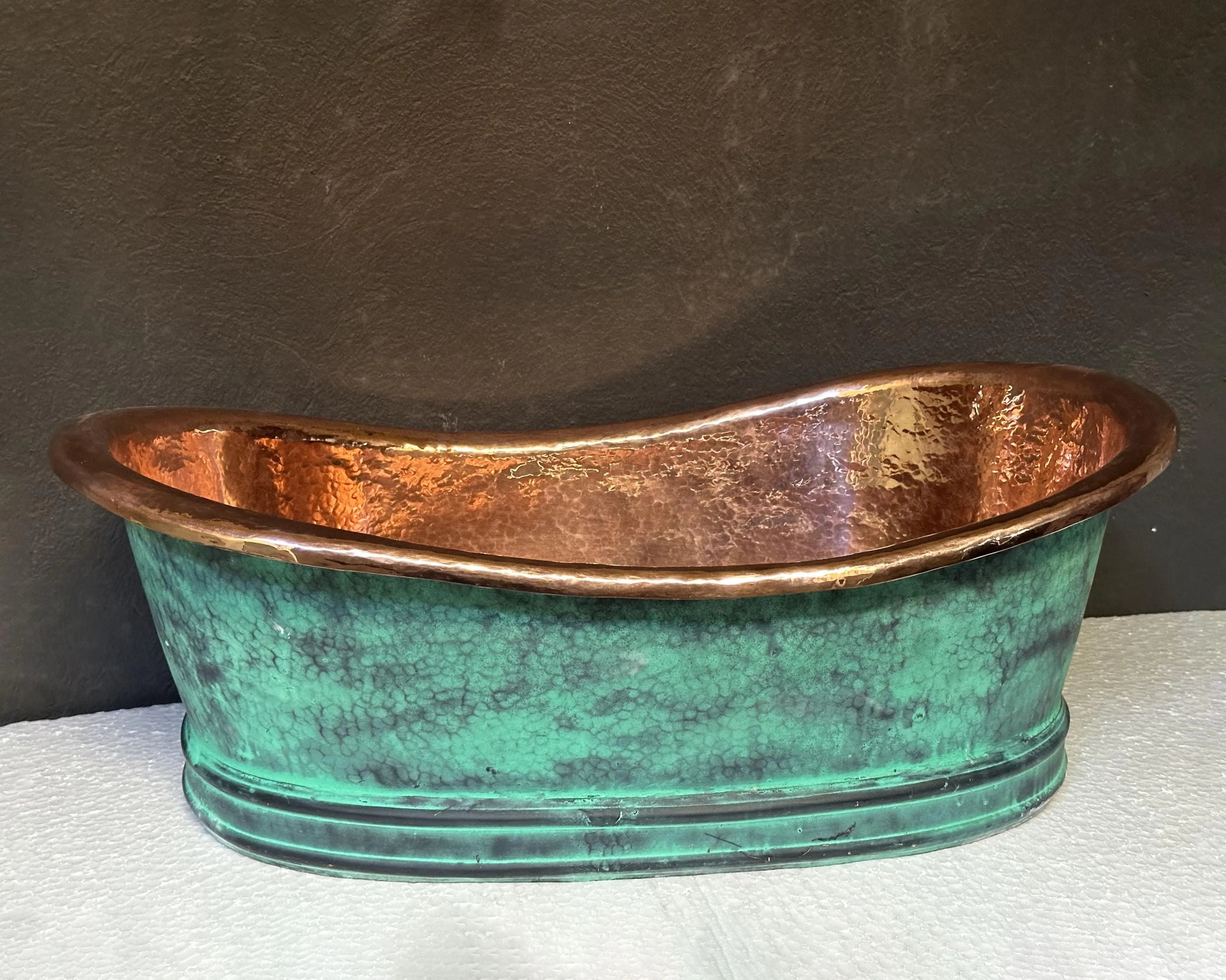Handmade Green Patina Copper Vessel Sink – Rustic Oval Vanity Basin