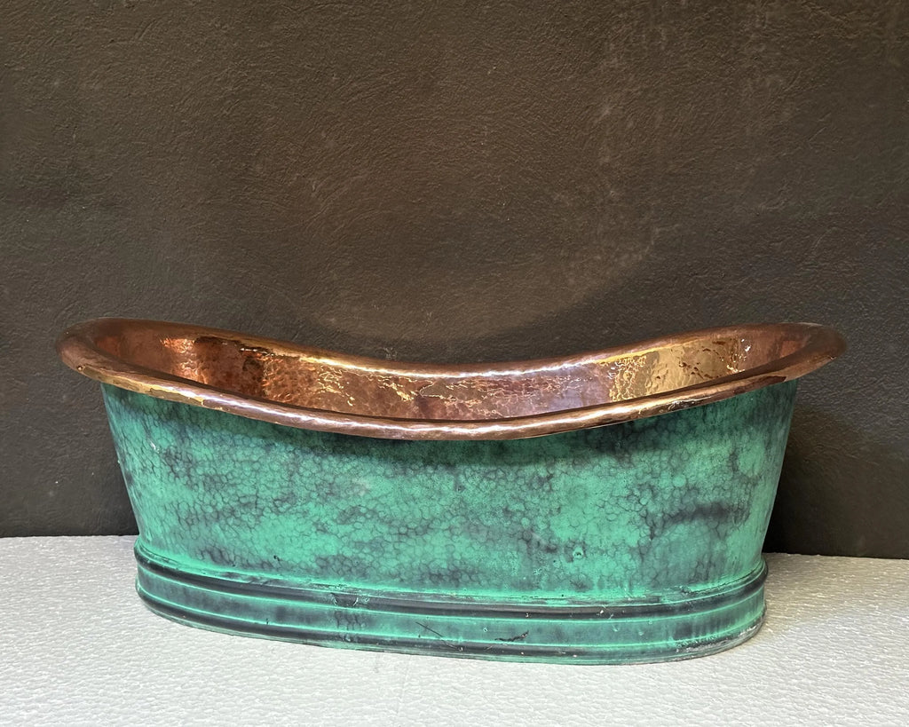 Handmade Green Patina Copper Vessel Sink – Rustic Oval Vanity Basin