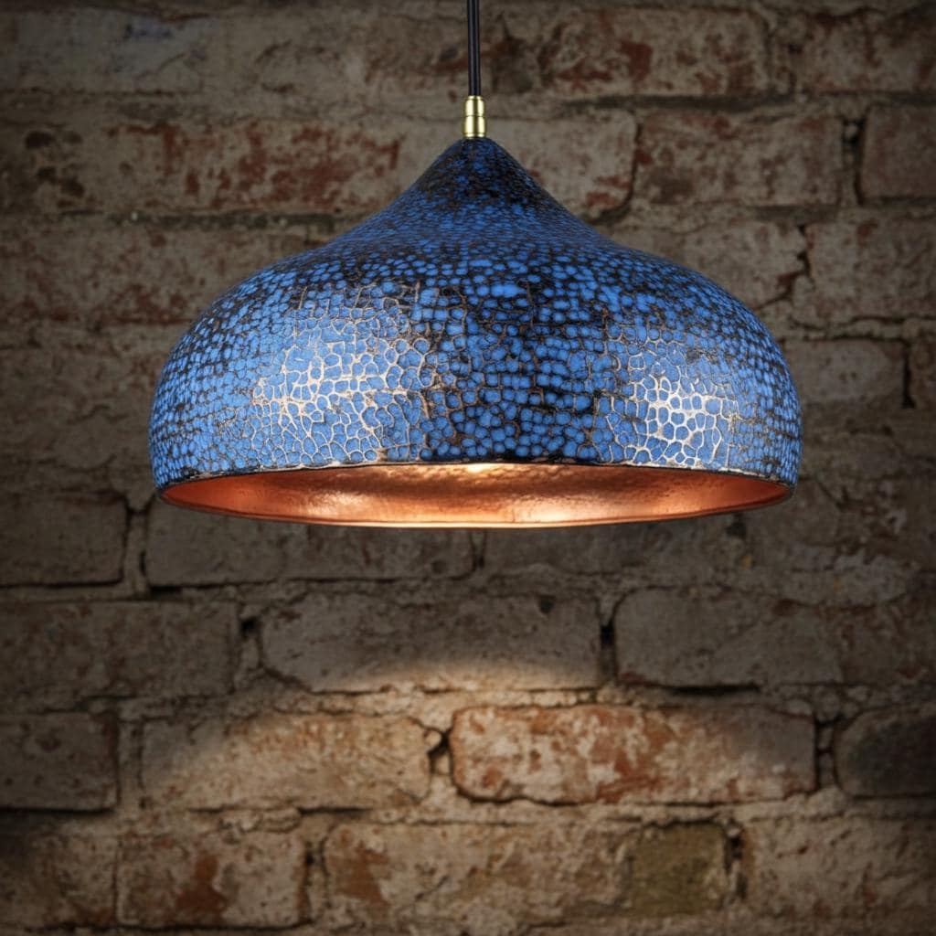 Blue Patina Copper Pendant Light – Handmade Hammered Dome Ceiling Lamp for Rustic Kitchen Island