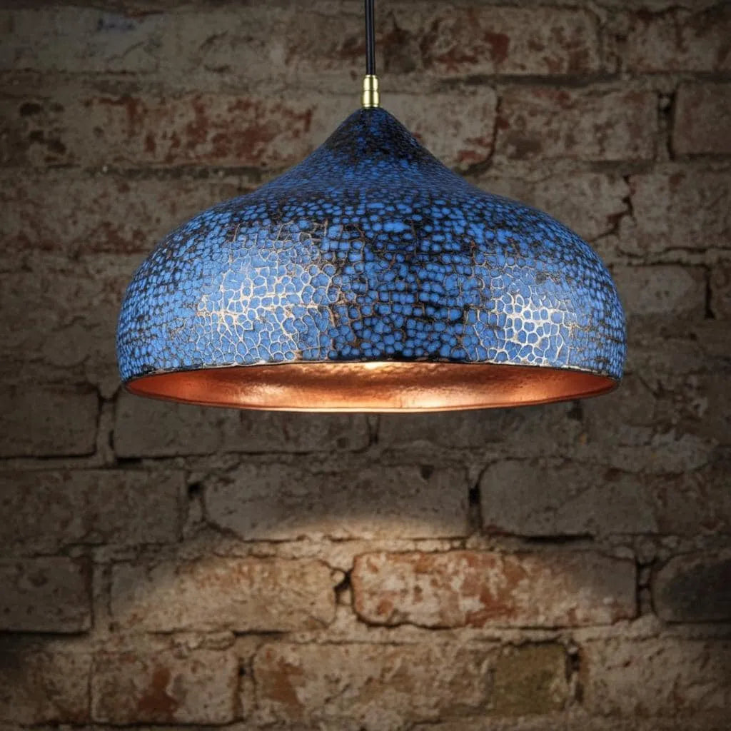 Handmade Blue Patina Copper Pendant Light – Rustic Dome Ceiling Lamp