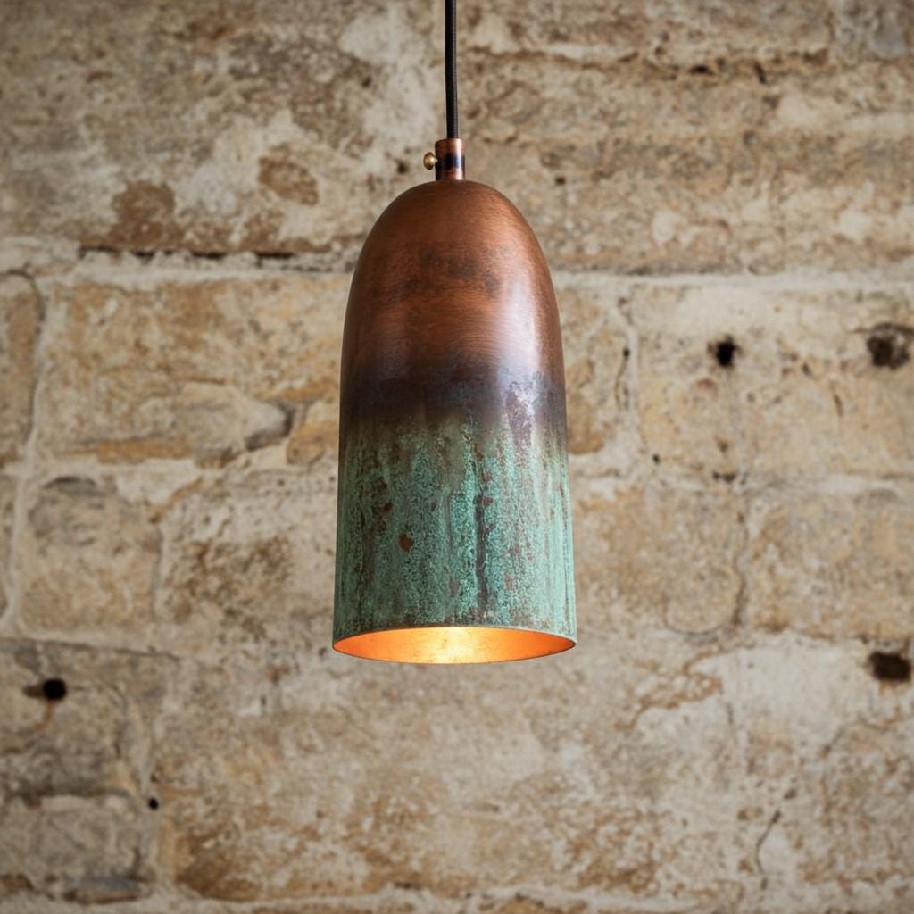 Green Patina Copper Pendant Light Set of 3 – Rustic Farmhouse Kitchen Island Ceiling Lamps