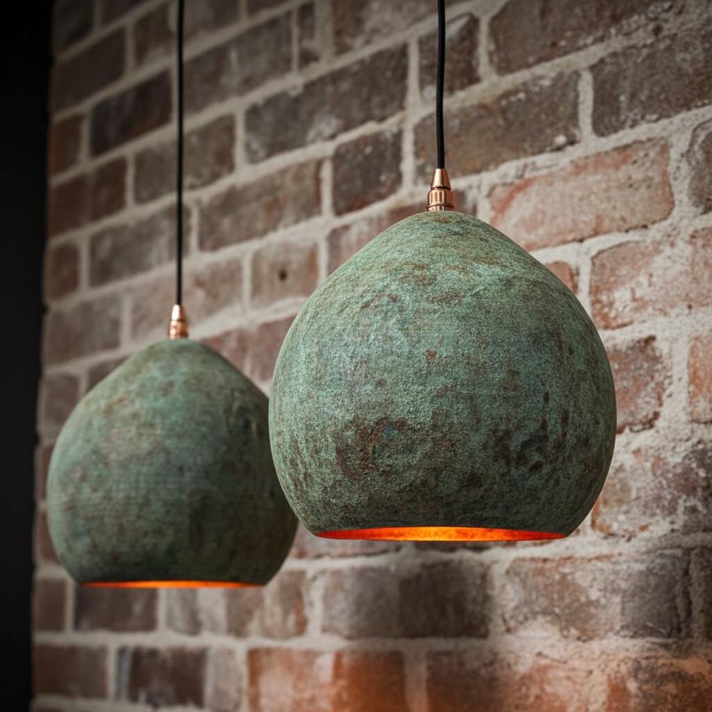Set of Two Handmade Copper Dome Pendant Lights – Green Patina Ceiling Fixtures for Rustic Farmhouse Kitchen