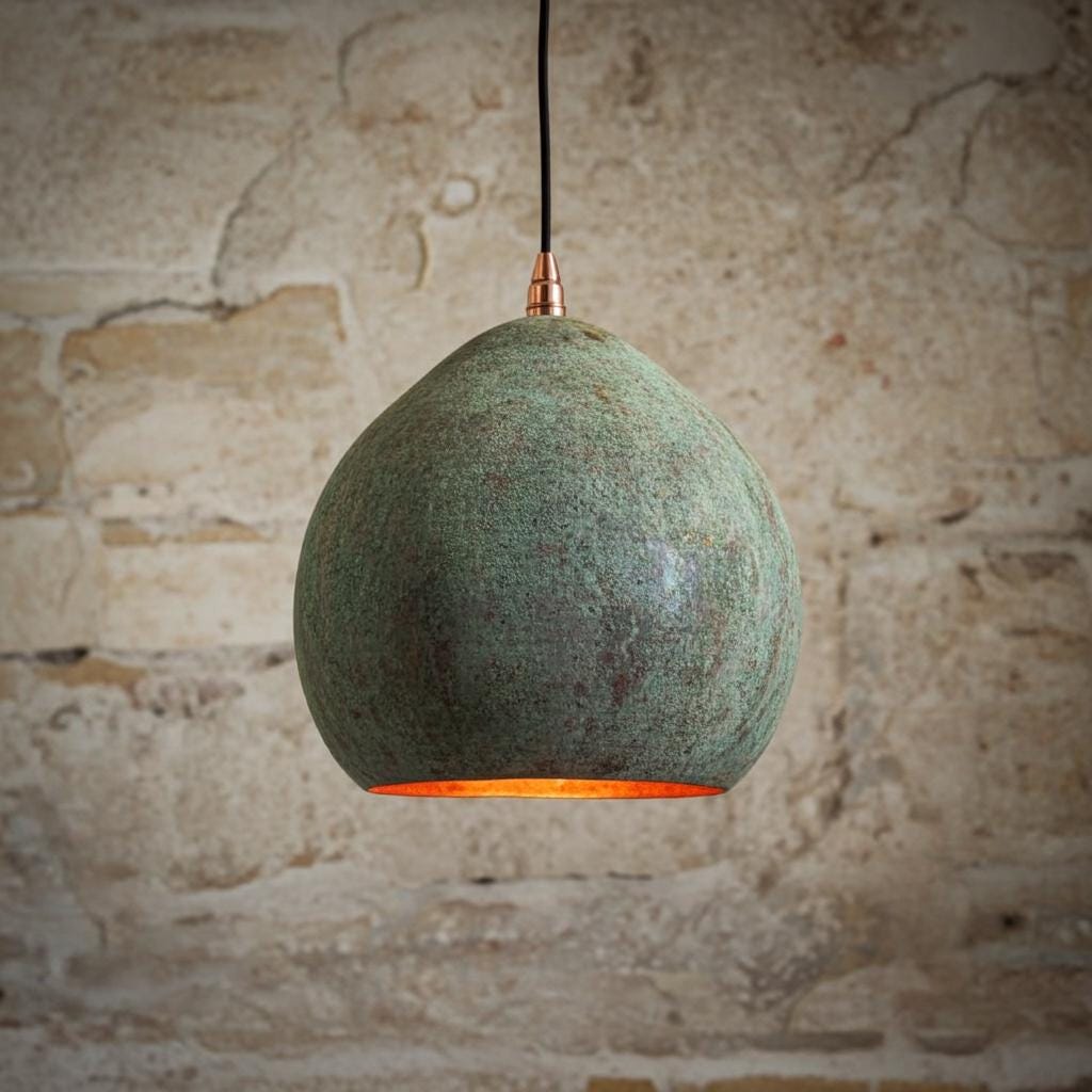 Green Patina Copper Pendant Light – Handmade Dome Ceiling Lamp for Rustic Farmhouse Kitchen Island