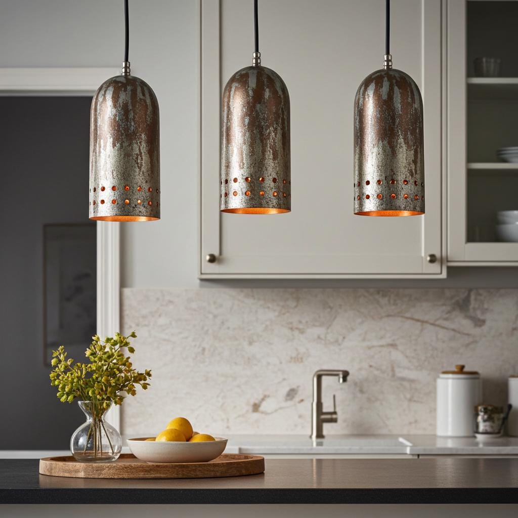 Rustic Copper Dome Pendant Light Set of 3 – Handcrafted Farmhouse Ceiling Lamps for Kitchen