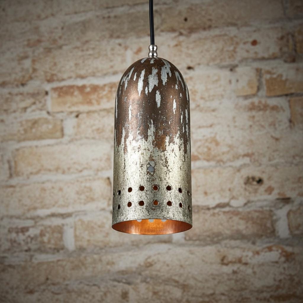 Rustic Aged Copper Pendant Light – Handcrafted Cylinder Ceiling Fixture for Vintage Farmhouse Decor