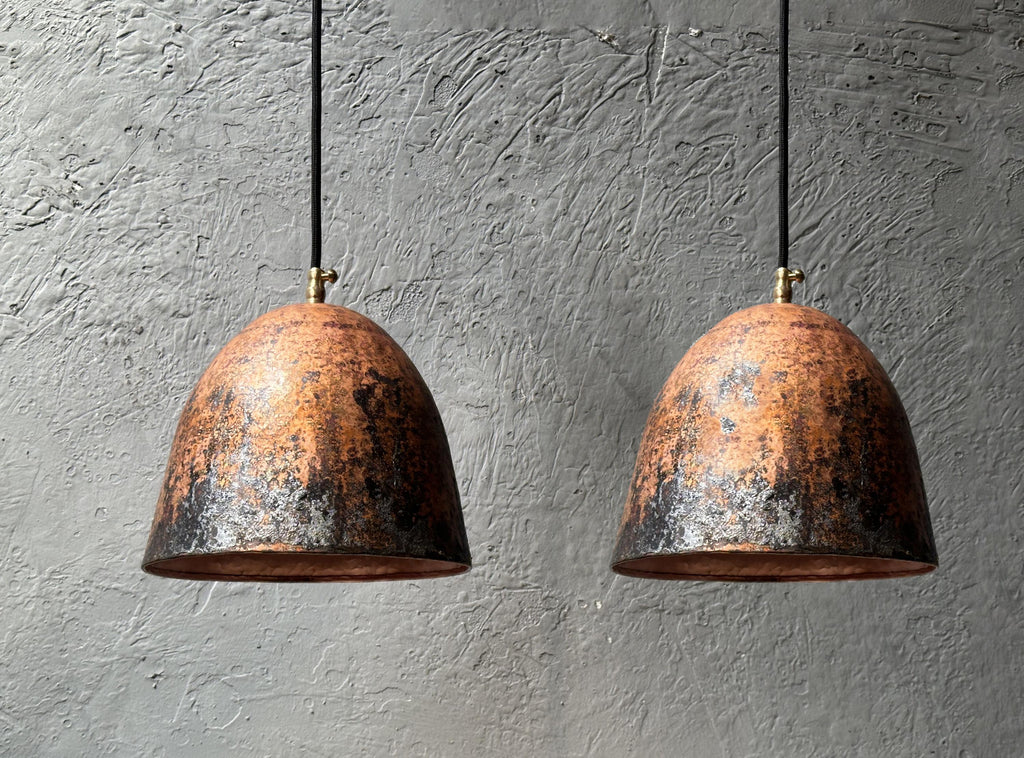 Set Of Two Oxidized Copper Pendant Lights, Rustic Farmhouse Light Fixture, Handmade Copper Ceiling Light