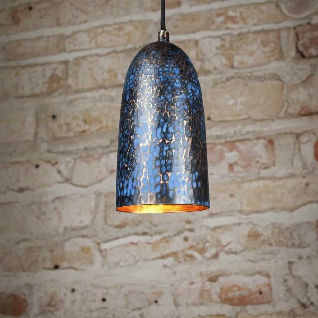 Handmade Blue Patina Copper Pendant Light – Rustic Hammered Ceiling Lamp