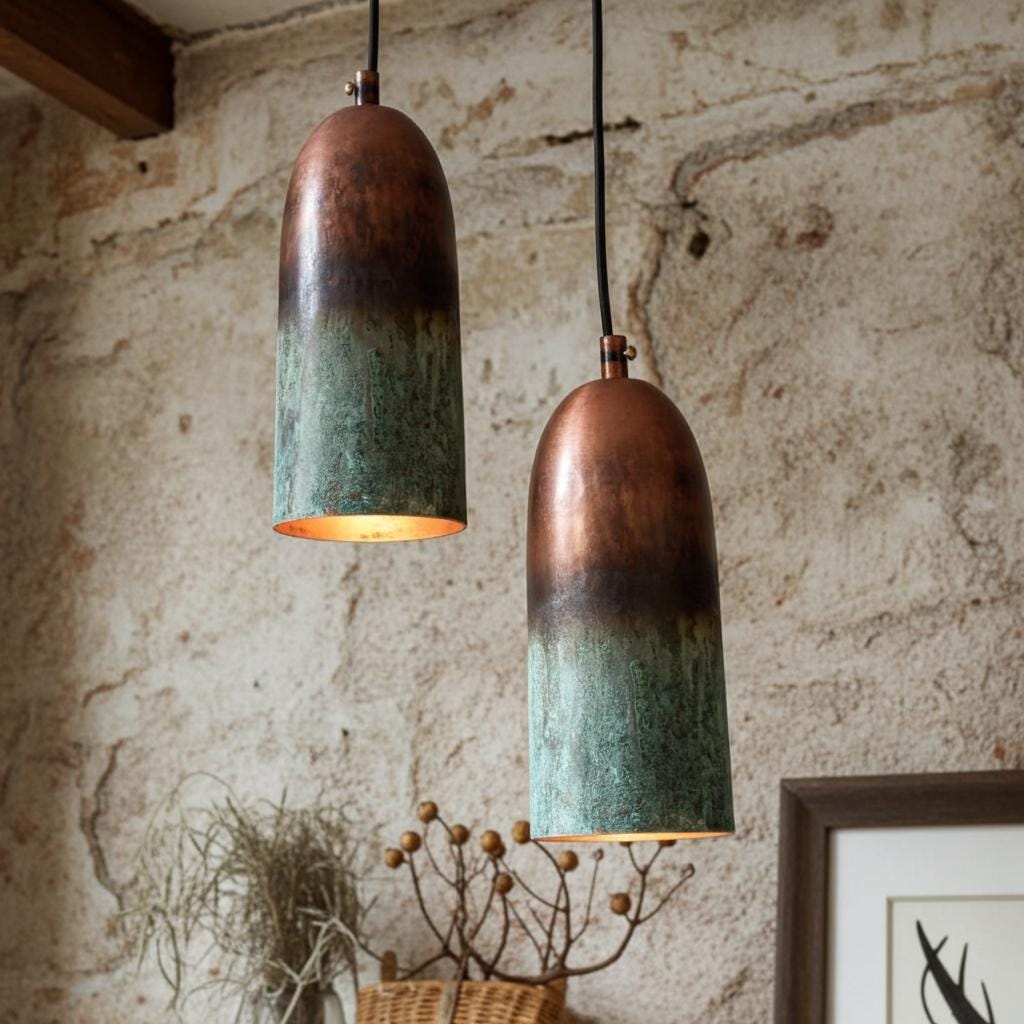 Set of 2 Verdigris Copper Pendant Lights – Vintage Farmhouse Ceiling Fixtures for Dining or Island