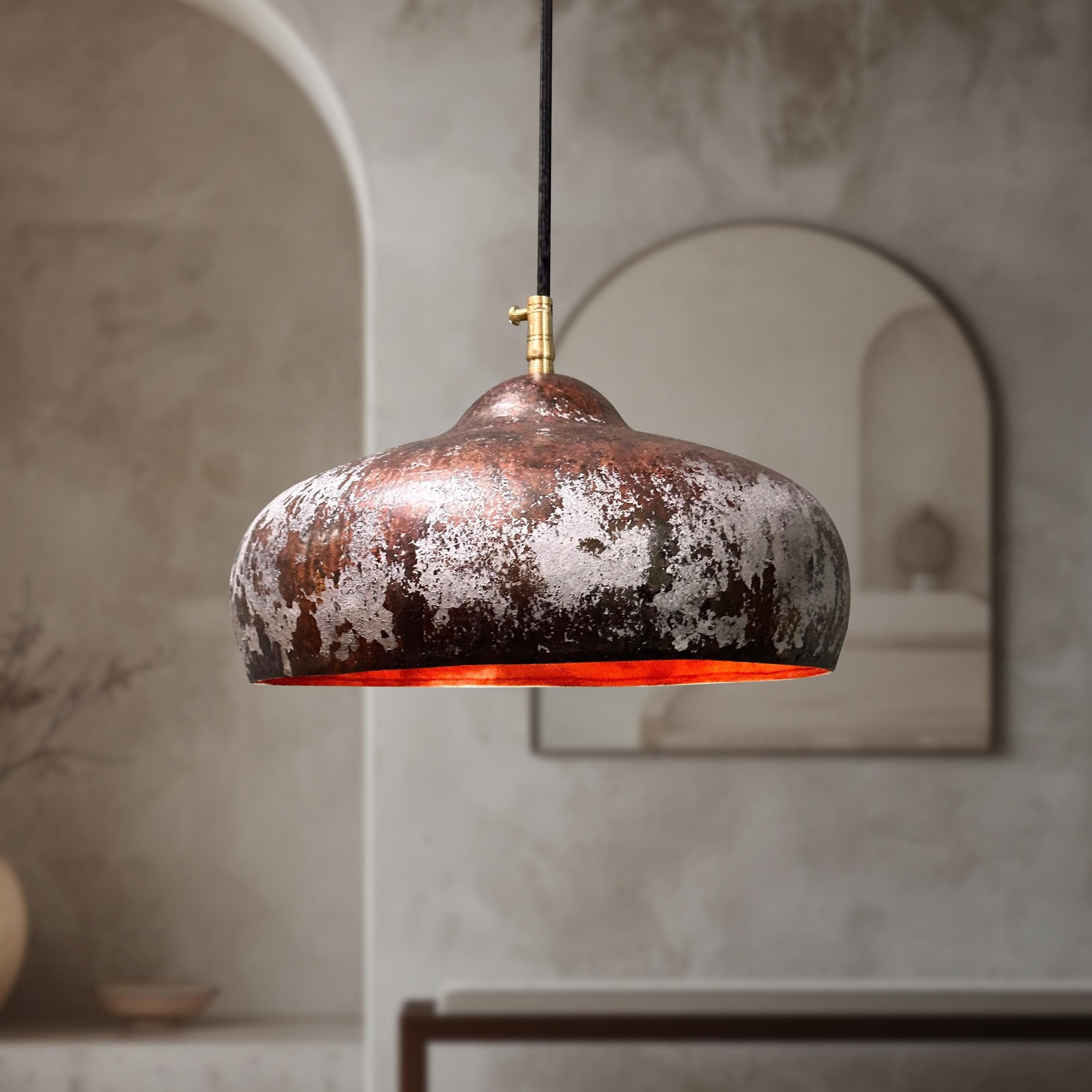 Rustic Copper Pendant Light – Handmade Farmhouse Ceiling Fixture for Kitchen Island or Dining