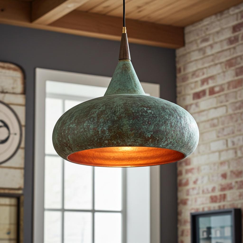 Handcrafted Copper Pendant Light with Green Patina – Rustic Kitchen Island and Dining Ceiling Fixture