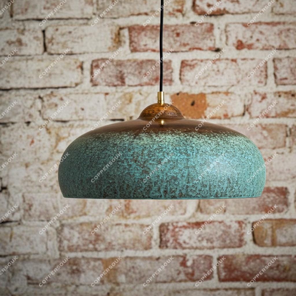 Rustic Blue Patina Copper Ceiling Light – Vintage Farmhouse Pendant for Kitchen or Dining Room