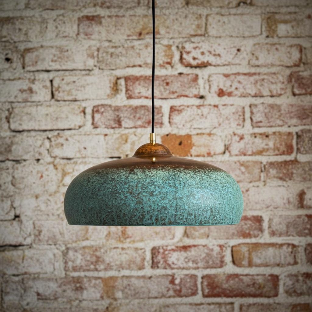 Rustic Blue Patina Copper Ceiling Light – Vintage Farmhouse Pendant for Kitchen or Dining Room