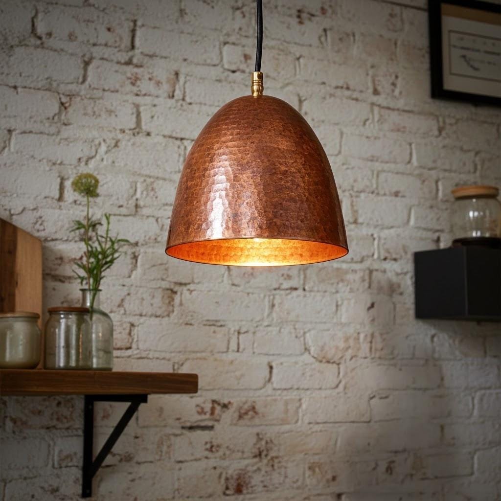 Hammered Copper Pendant Light – Rustic Farmhouse Ceiling Fixture Island Kitchen
