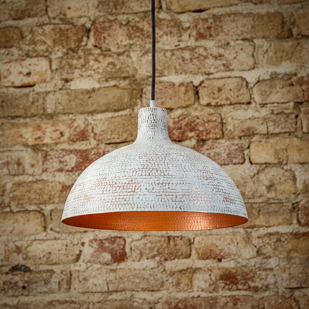 Handmade Copper Pendant Light with White Patina – Rustic Farmhouse Kitchen Island Ceiling Fixture