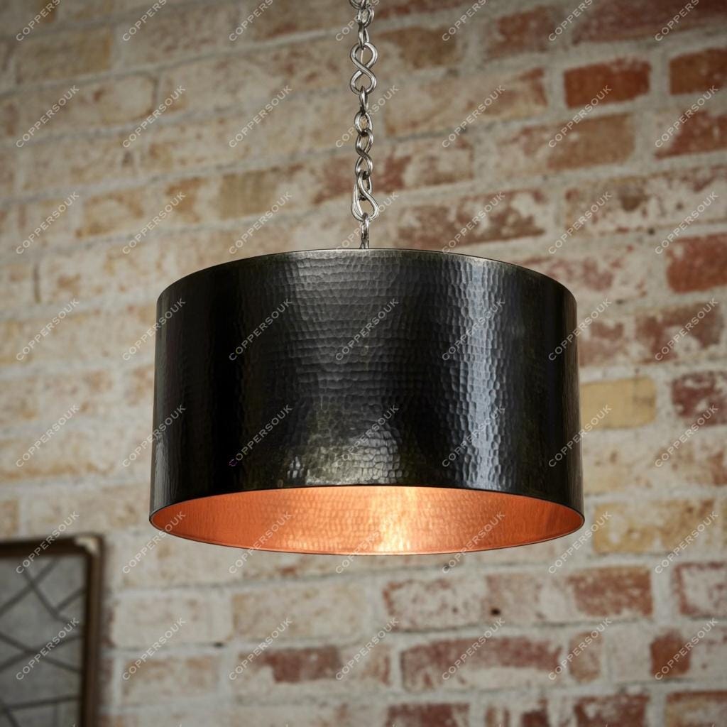 Black Hammered Metal Pendant Light, Rustic Farmhouse Kitchen Island Lighting, Large Drum Hanging Fixture