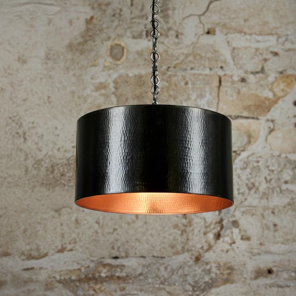 Black Hammered Metal Pendant Light, Rustic Farmhouse Kitchen Island Lighting, Large Drum Hanging Fixture