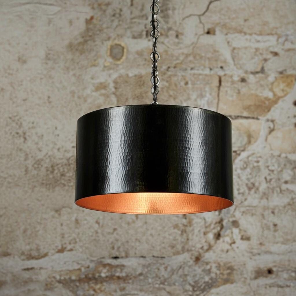 Black Hammered Drum Pendant Light – Rustic Copper Interior Ceiling Lamp