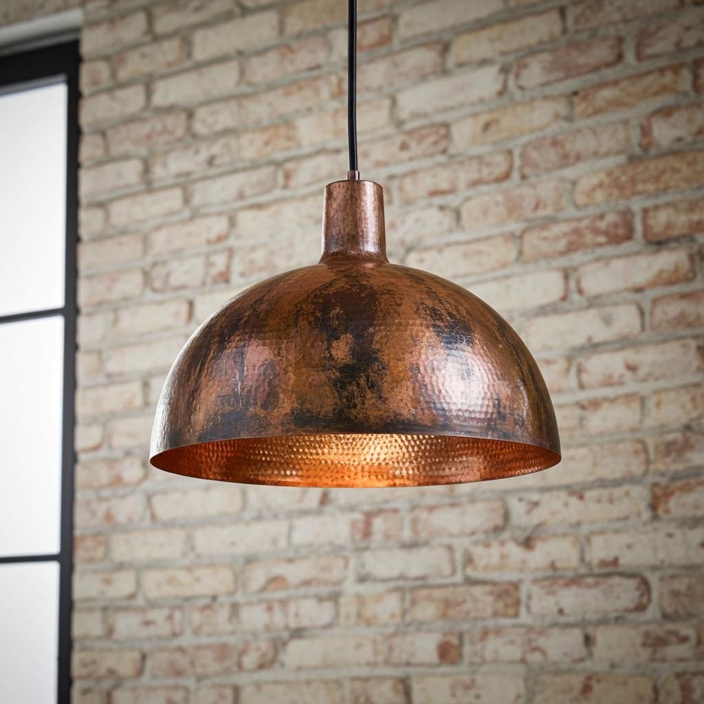 Rustic Copper Dome Pendant Light – Handmade Farmhouse Hanging Ceiling Lamp for Kitchen Island