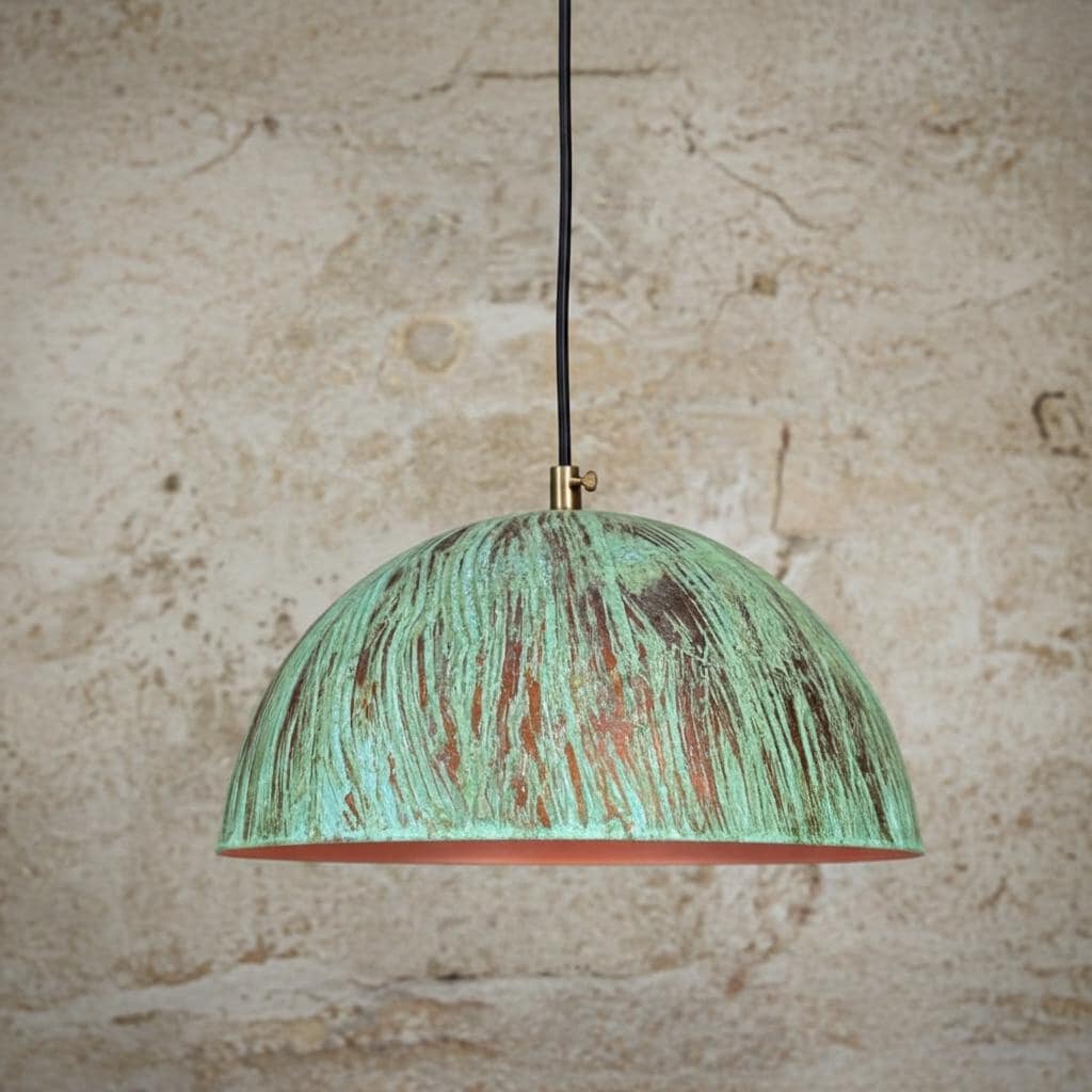 Handmade Verdigris Copper Dome Light – Vintage Rustic Ceiling Fixture for Farmhouse Kitchen
