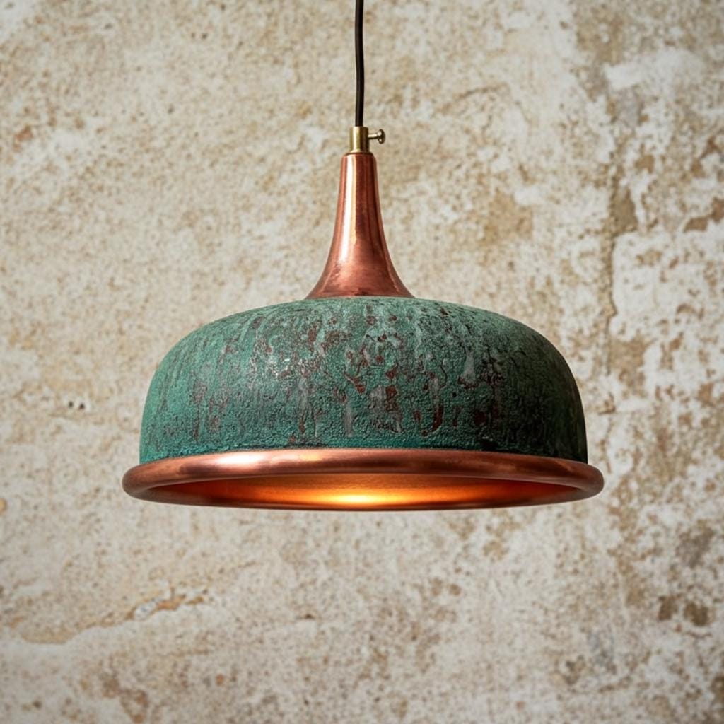 Green Patina Copper Pendant Light – Handmade Dome Ceiling Lamp for Rustic Farmhouse Kitchen or Dining Room