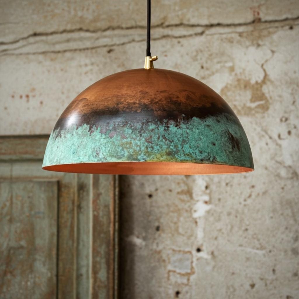 Rustic Copper Dome Pendant Light – Handcrafted Kitchen Island Lighting, Vintage Industrial Hanging Lamp