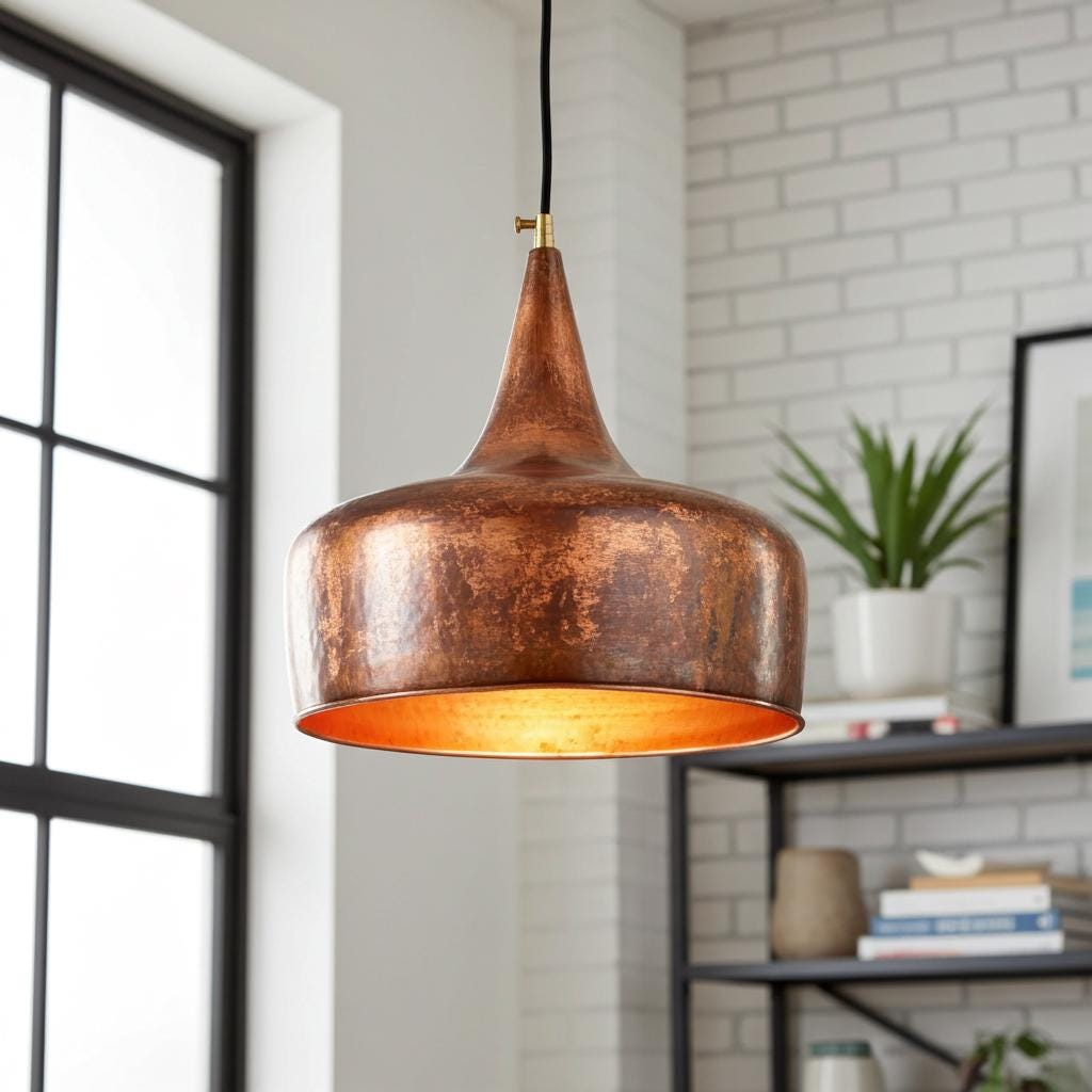 Vintage Copper Dome Hanging Lamp – Rustic Farmhouse Kitchen Ceiling Light Fixture