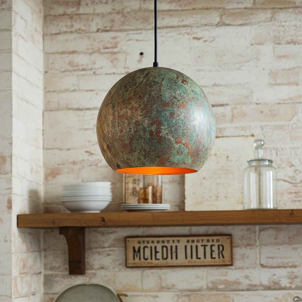 Handcrafted Verdigris Copper Pendant Lamp – Aged Green Patina Dome Light for Rustic Kitchen Decor