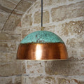 Handmade Copper Pendant Light with Green Patina – Rustic Farmhouse Kitchen Island Fixture