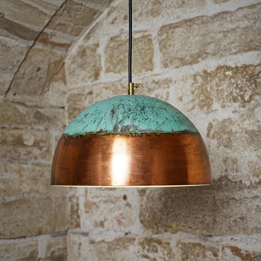 Handmade Copper Pendant Light with Green Patina – Rustic Farmhouse Kitchen Island Fixture