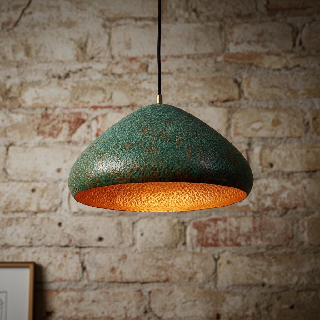 Handcrafted Copper Pendant Lamp with Green Patina – Rustic Farmhouse Ceiling Fixture for Kitchen Island