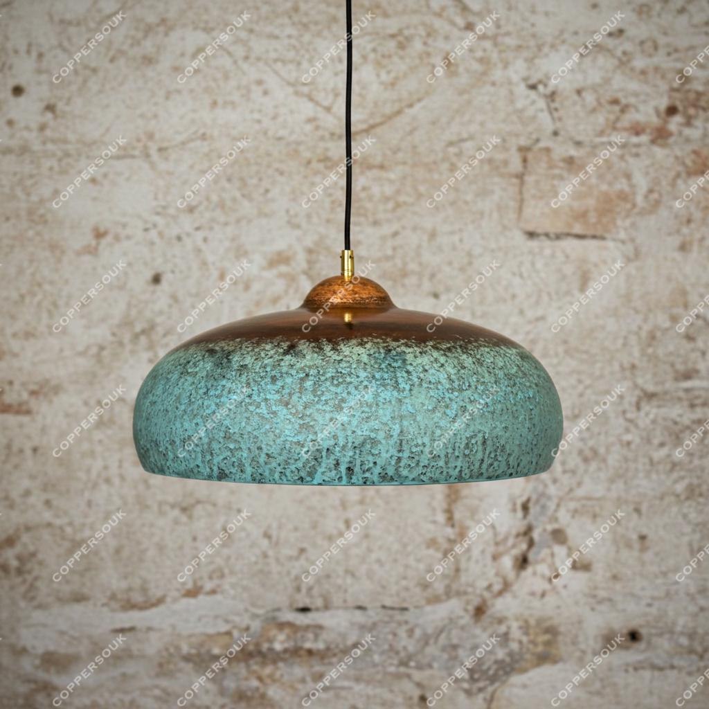 Rustic Blue Patina Copper Ceiling Light – Vintage Farmhouse Pendant for Kitchen or Dining Room