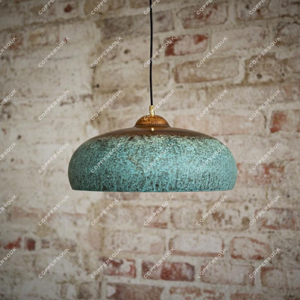 Rustic Blue Patina Copper Ceiling Light – Vintage Farmhouse Pendant for Kitchen or Dining Room