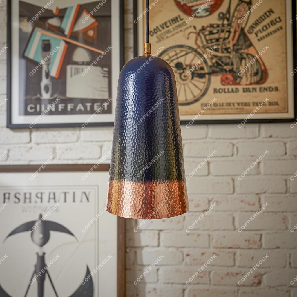 Black Hammered Copper Dome Pendant Lamp – Rustic Industrial Hanging Light for Dining or Kitchen