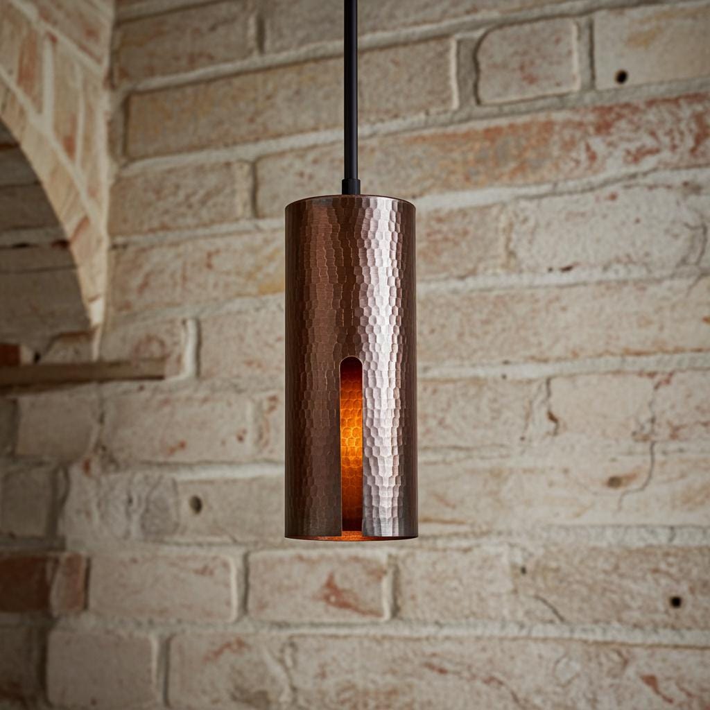 Hammered Copper Cylinder Pendant Light – Rustic Industrial Kitchen Island Hanging Lamp