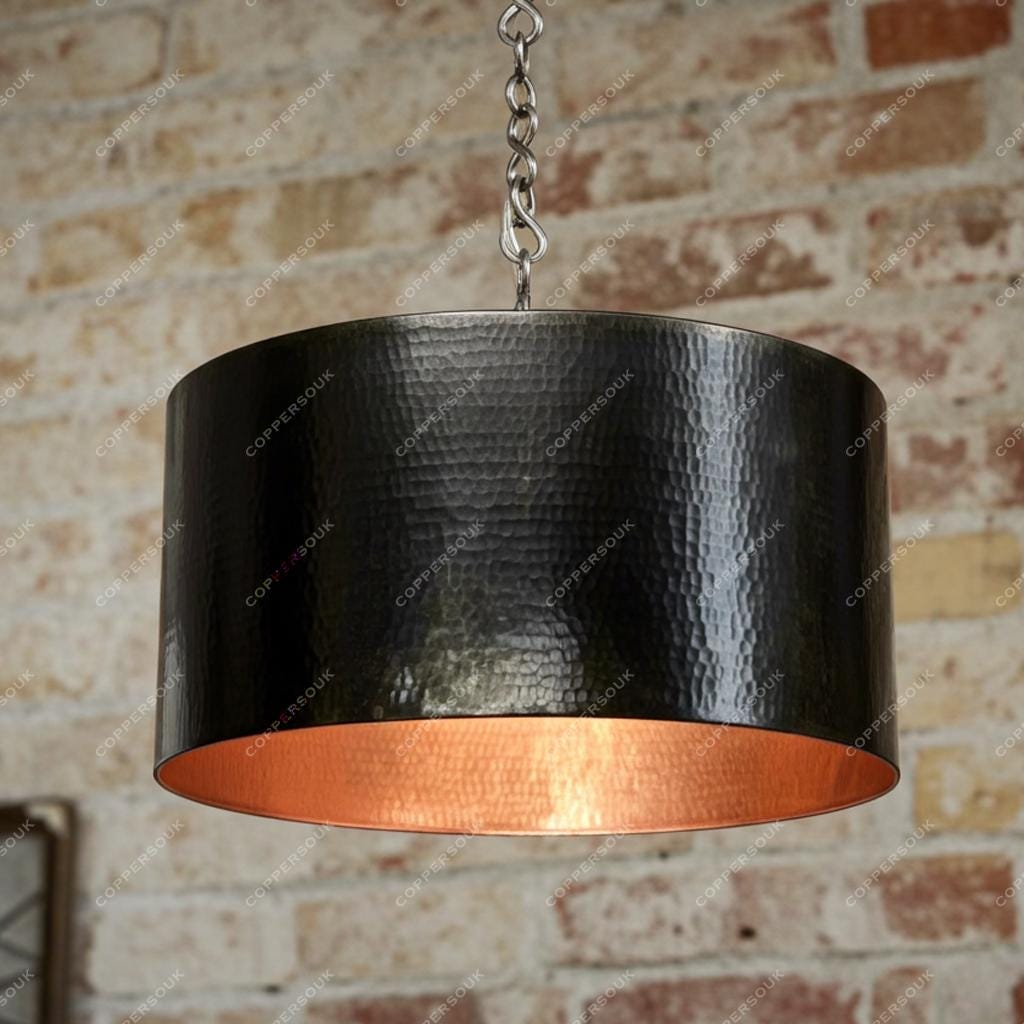 Black Hammered Metal Pendant Light, Rustic Farmhouse Kitchen Island Lighting, Large Drum Hanging Fixture