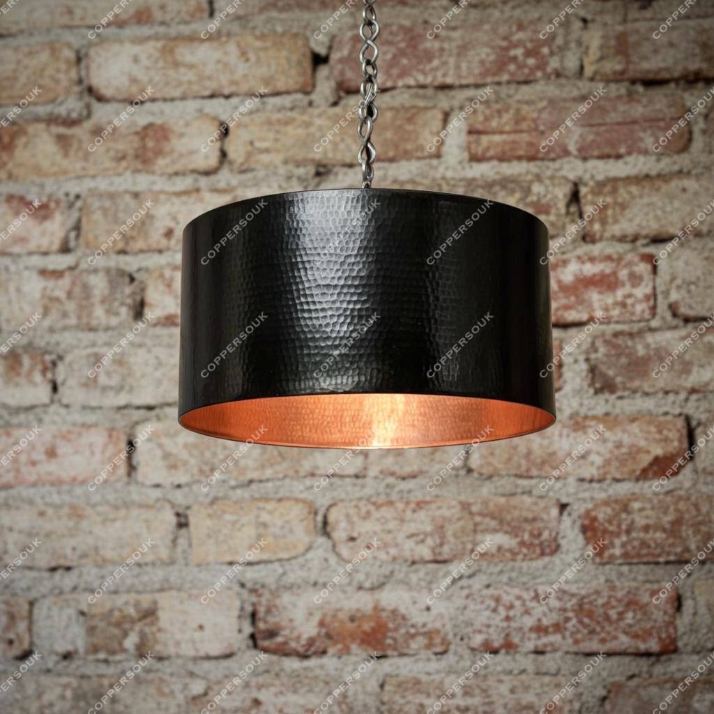 Black Hammered Metal Pendant Light, Rustic Farmhouse Kitchen Island Lighting, Large Drum Hanging Fixture